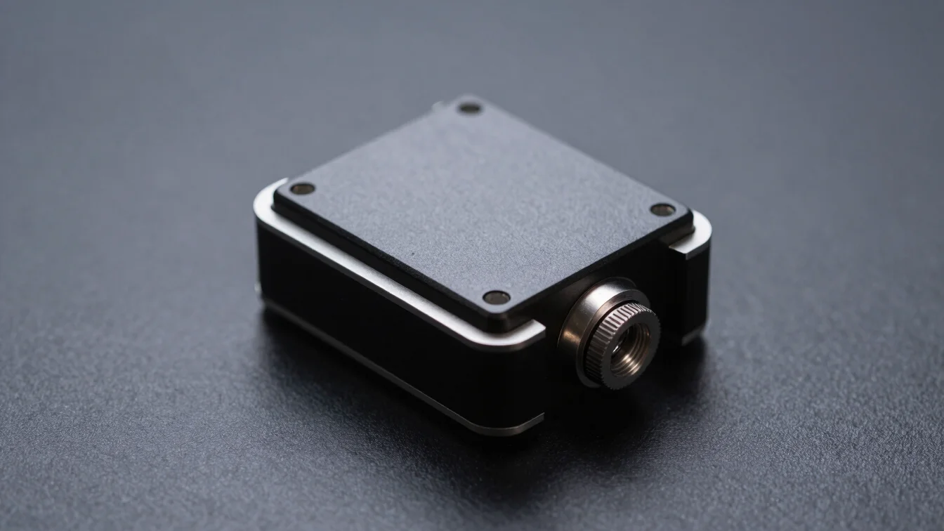 Close-up of compact power component with matte black and aluminum finish, cool directional light, dark graphite backgrou