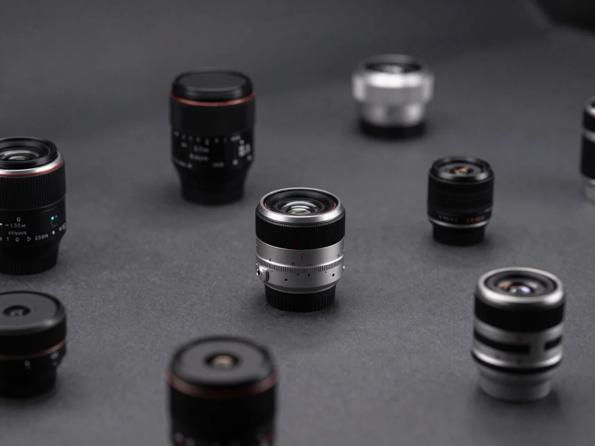 clean tech product photography, smart electronic accessories on organized workspace, cool studio lighting, dark graphite