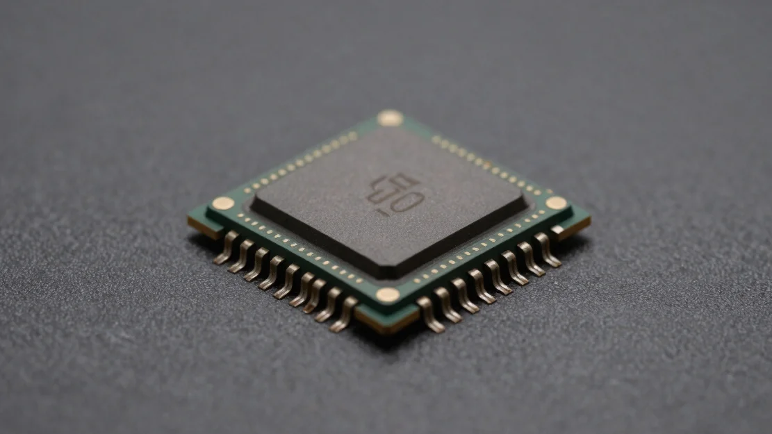 clean tech product photography, power management microchips, cool studio lighting, dark graphite background, macro lens,