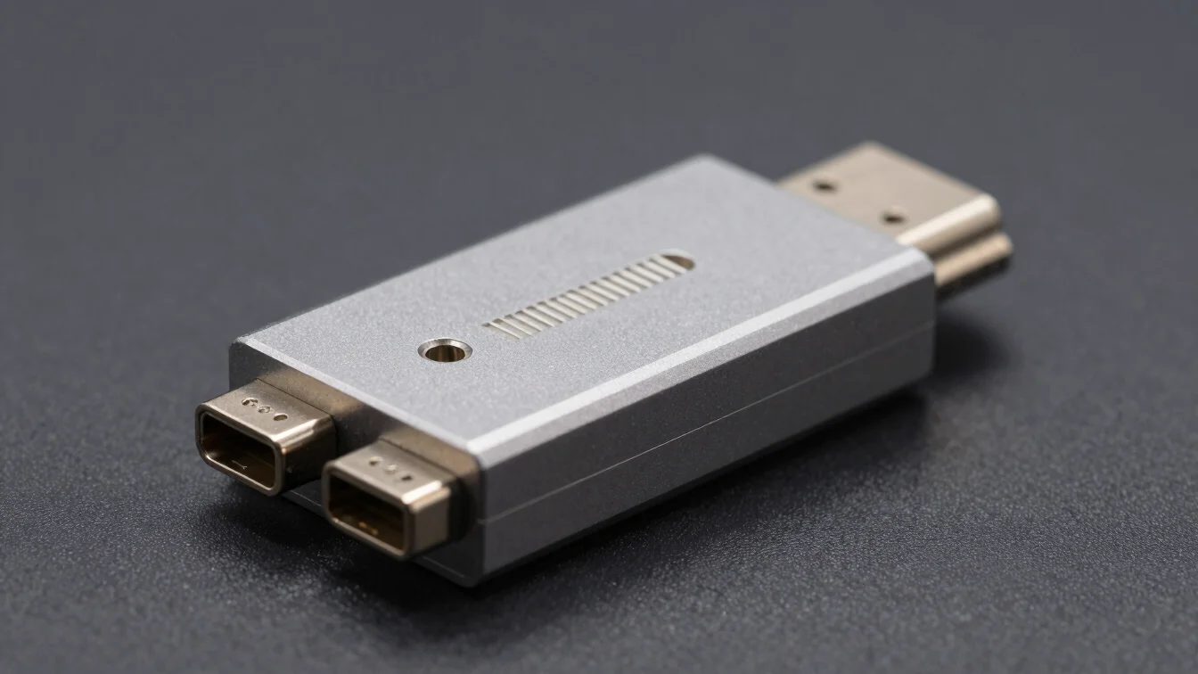 Macro lens shot of precision metal USB-C connectors and ports on an anodized graphite chassis, clean studio lighting, 35
